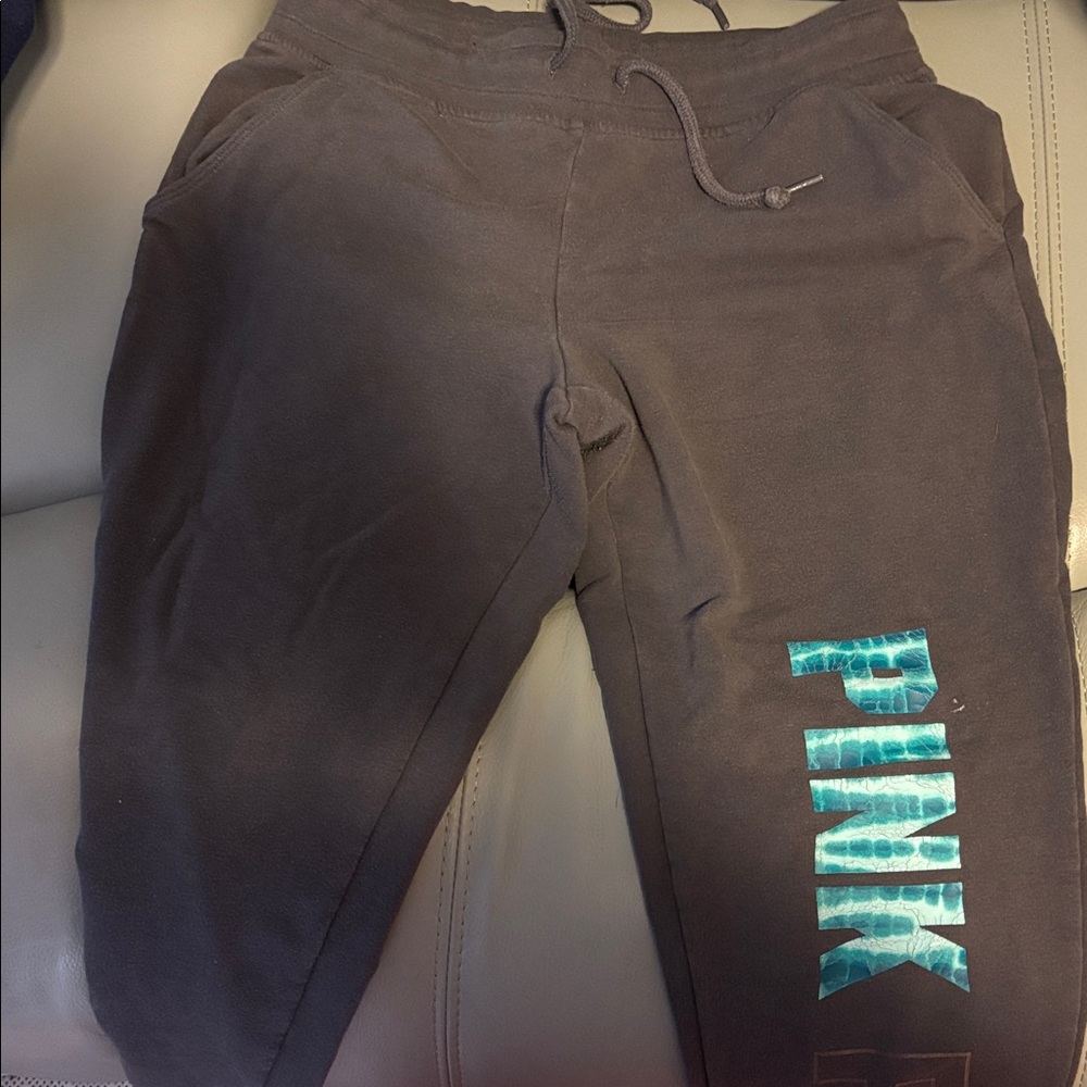 PINK Victoria's Secret dark grey Joggers with Teal Accents